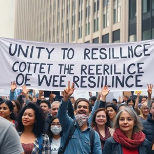 A diverse group of supporters at a political rally promoting unity.