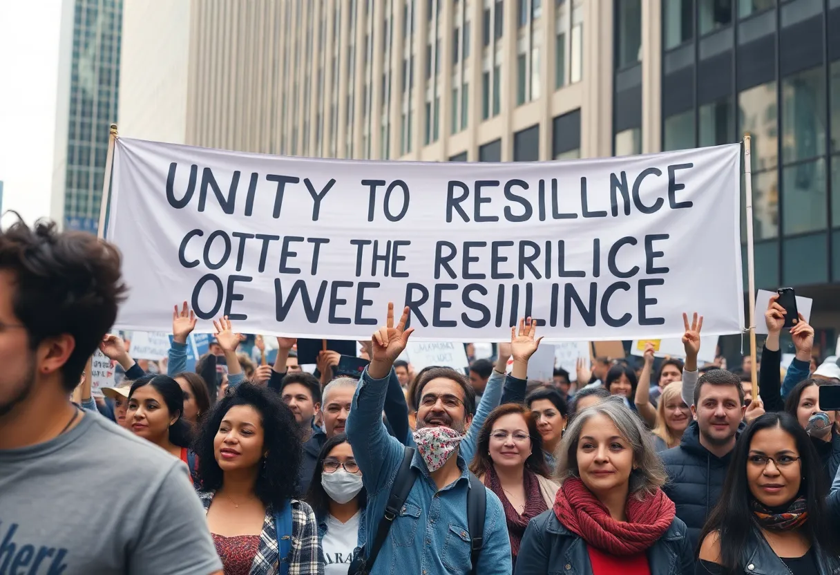 A diverse group of supporters at a political rally promoting unity.