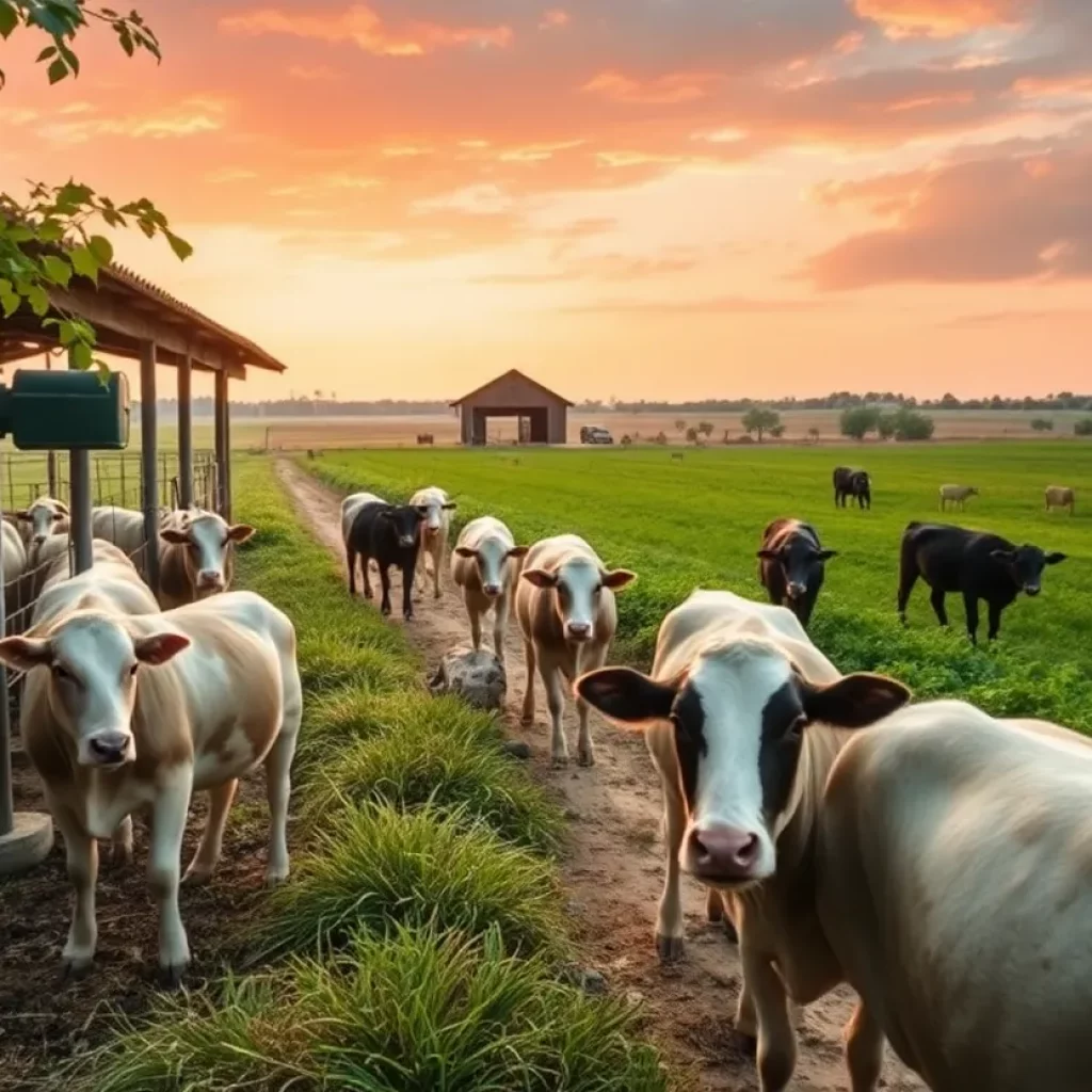 Farm scene illustrating biosecurity measures against pests with livestock.