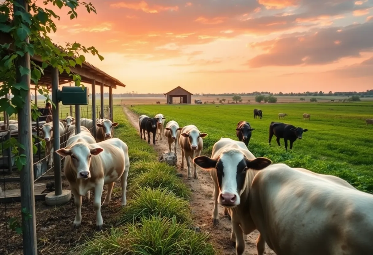 Farm scene illustrating biosecurity measures against pests with livestock.