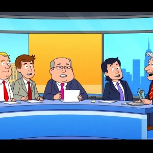 Cartoon representation of a comedic news segment about a political figure