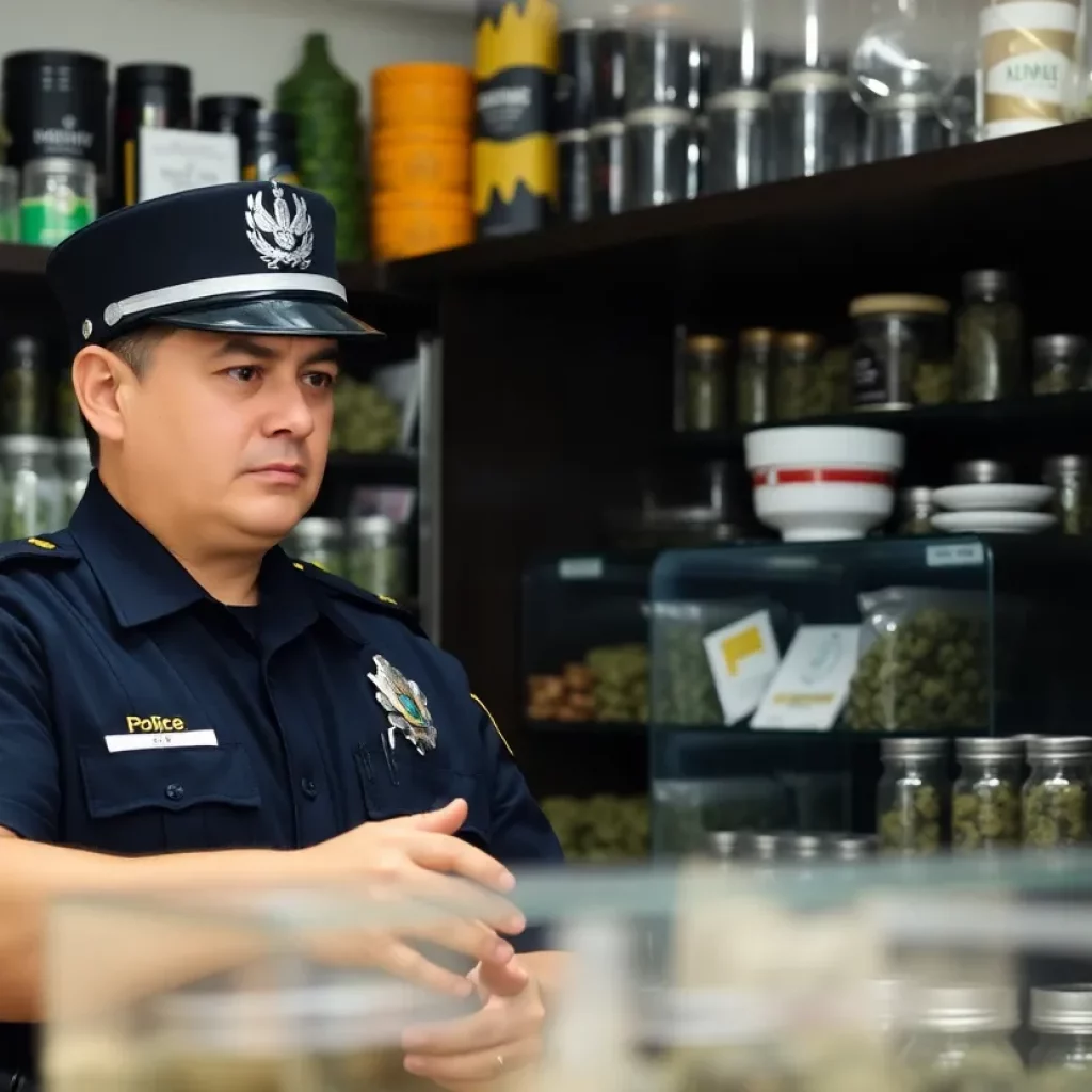 Police officer inspecting a smoke shop for illegal marijuana products