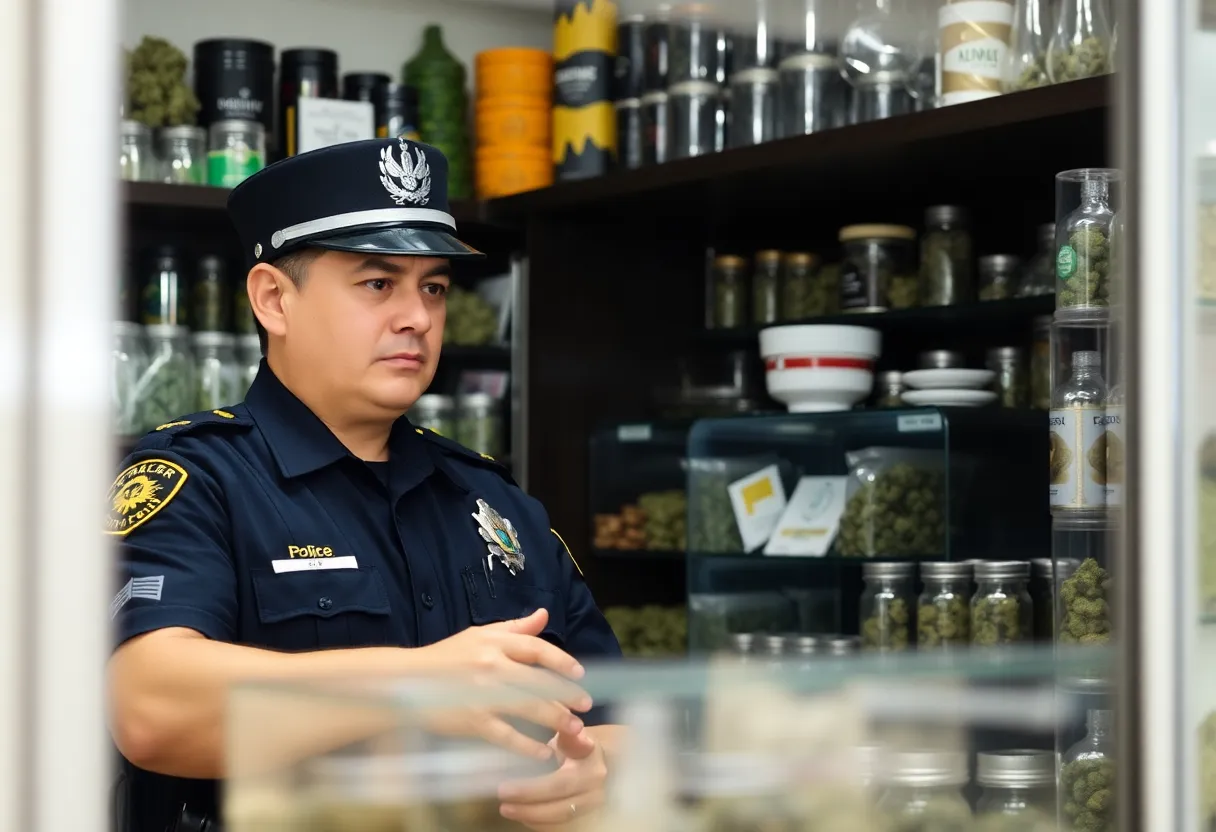 Police officer inspecting a smoke shop for illegal marijuana products