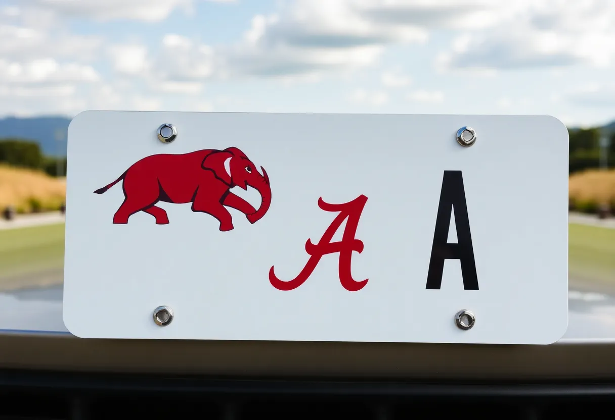 License plate design featuring the University of Alabama Vault A logo with an elephant and a crimson letter A.
