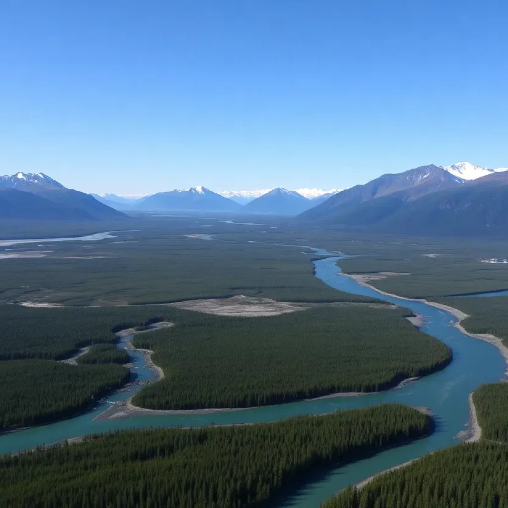 A scenic view of Alaska's wilderness with oil drilling activities in the background.