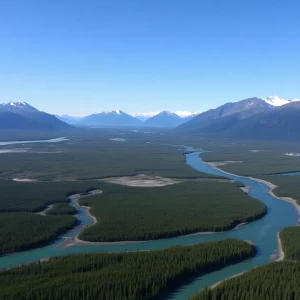 A scenic view of Alaska's wilderness with oil drilling activities in the background.