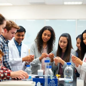 Students discussing autism research in a lab