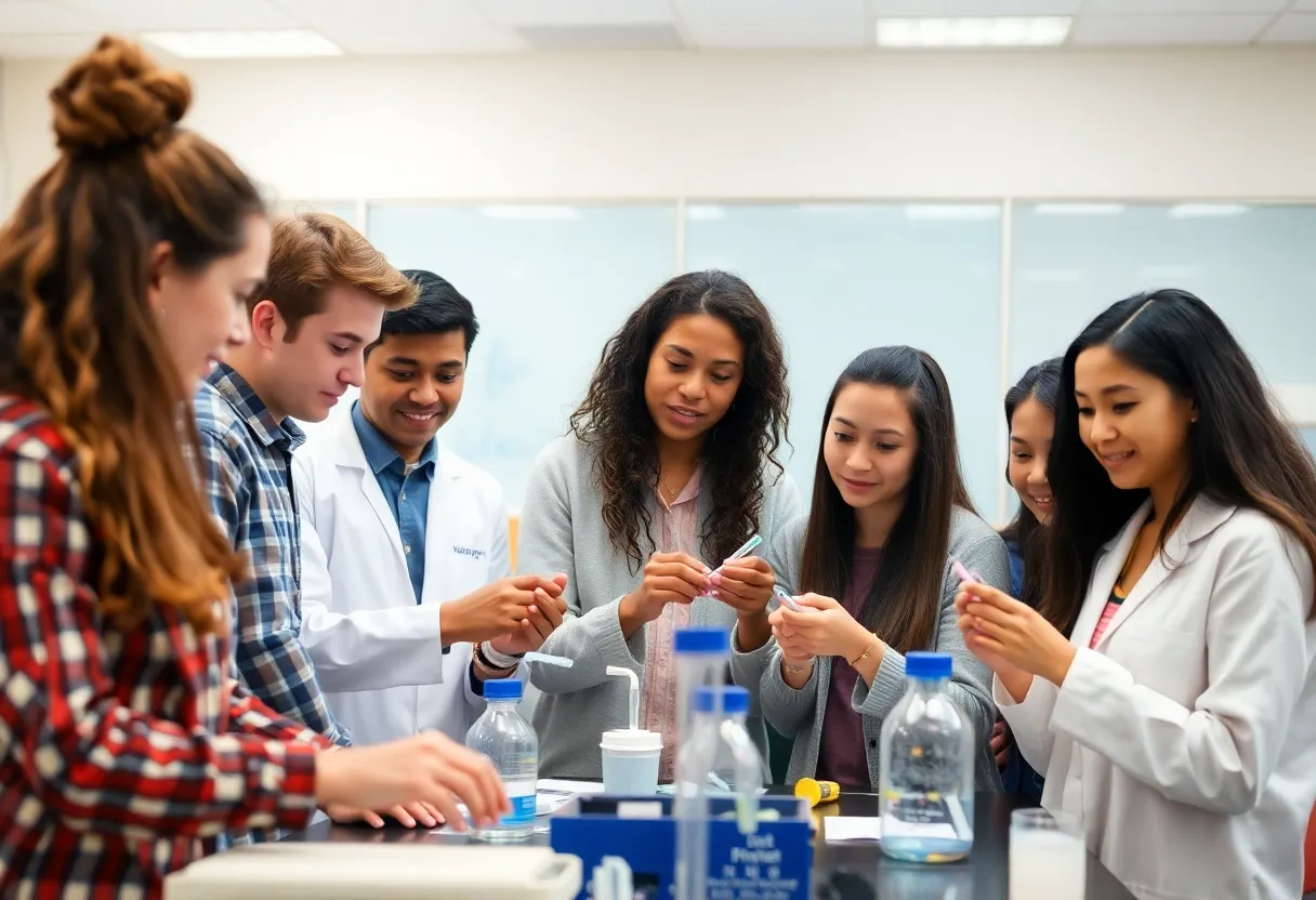 Students discussing autism research in a lab