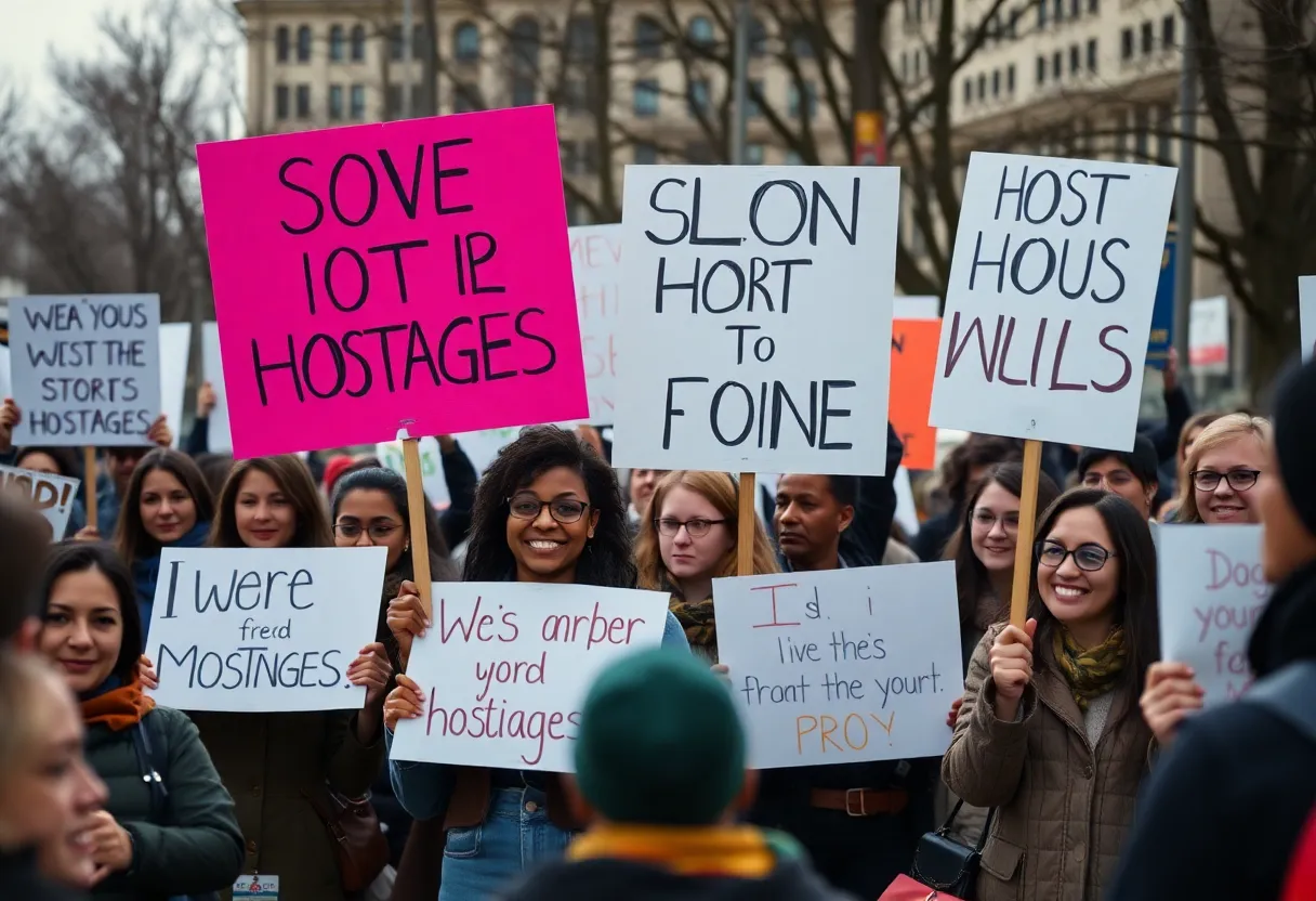 Demonstration advocating for Israeli hostages with peaceful crowds and banners.
