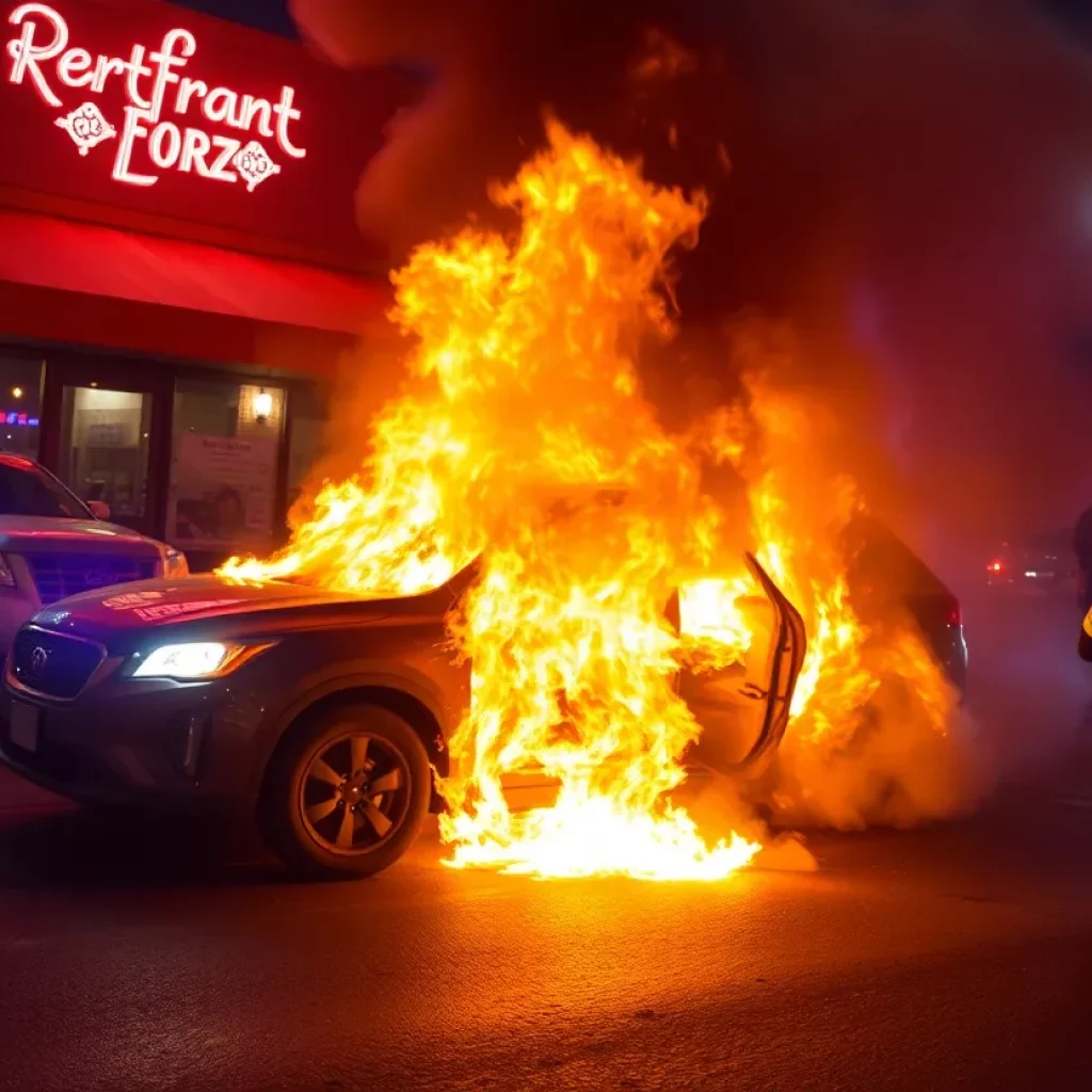 Firefighters responding to a car fire outside a restaurant