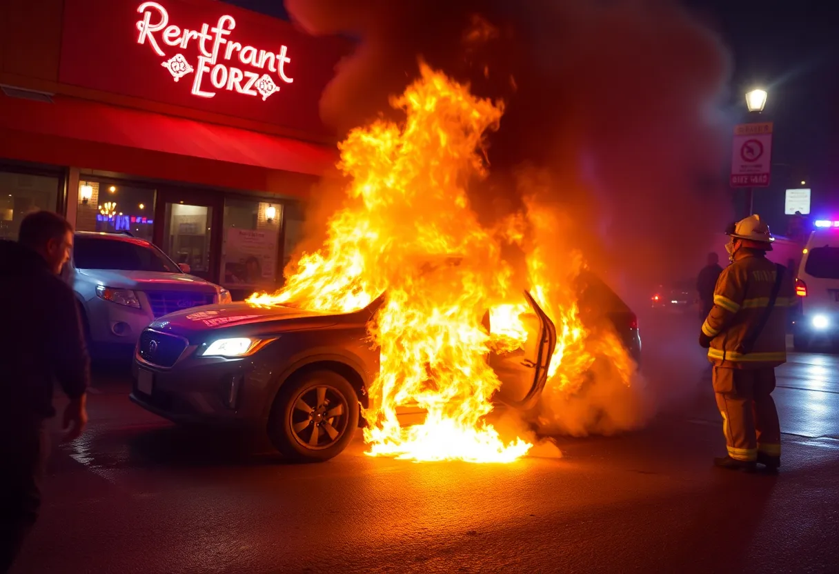 Firefighters responding to a car fire outside a restaurant