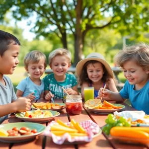 Children sitting at a picnic table enjoying nutritious summer meals.