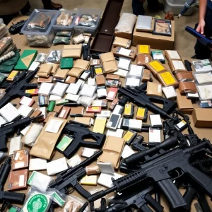 Law enforcement officers with confiscated drugs and firearms
