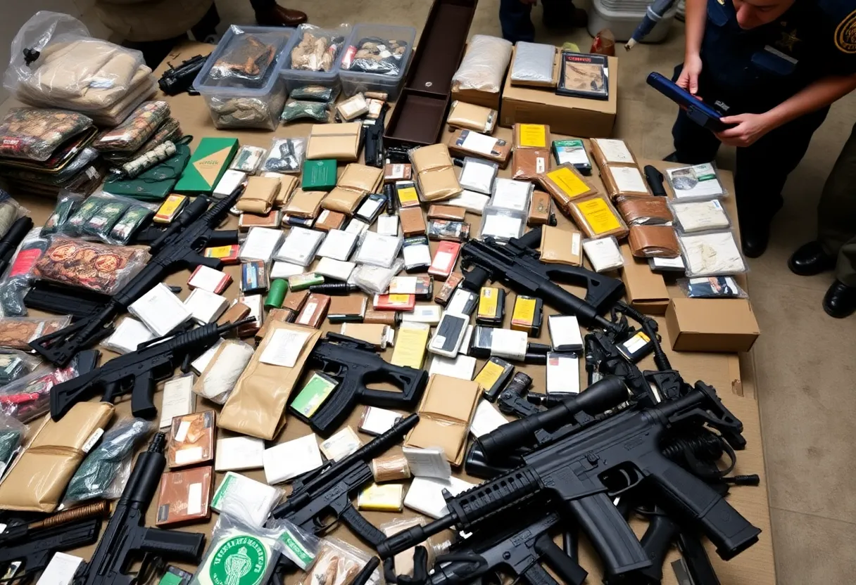 Law enforcement officers with confiscated drugs and firearms
