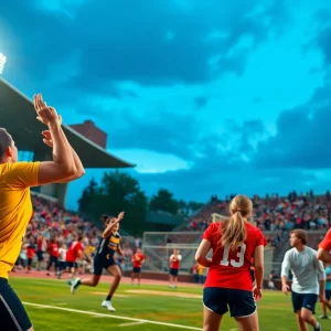 Students competing in college sports with a cheering crowd