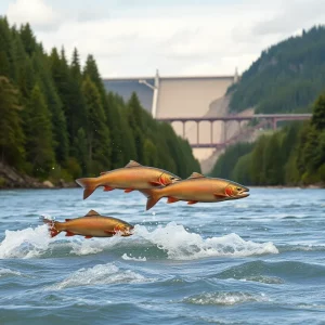 Scenic view of the Columbia River with salmon jumping