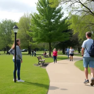A peaceful park representing community vigilance for child safety.