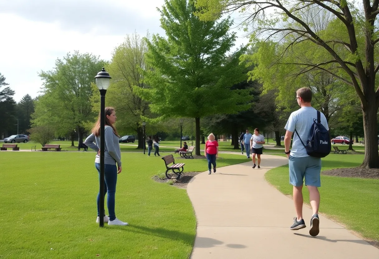 A peaceful park representing community vigilance for child safety.