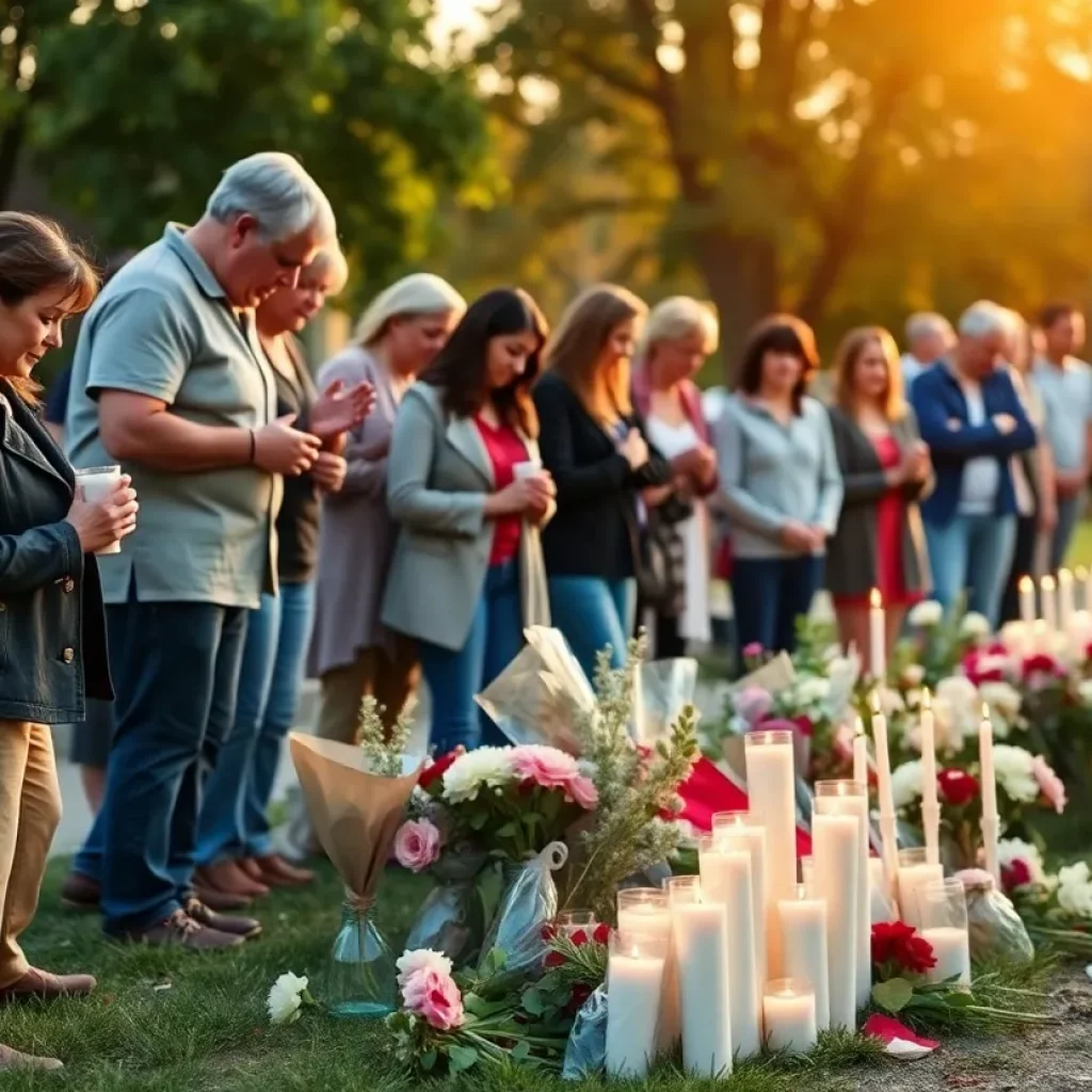A community gathering for remembrance with flowers and candles.