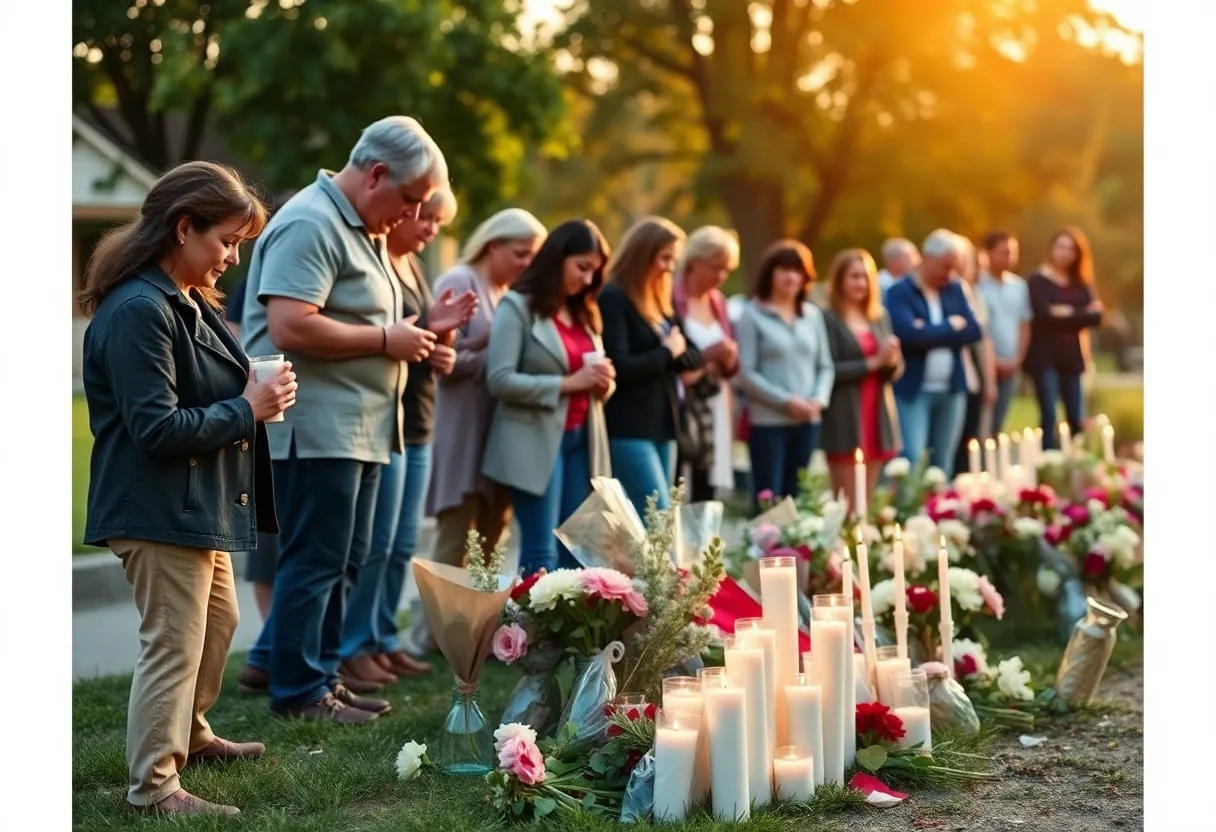 A community gathering for remembrance with flowers and candles.