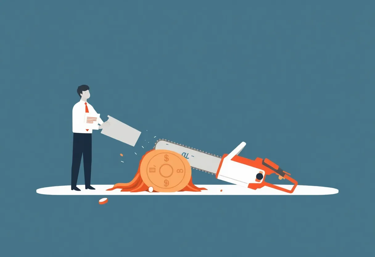 Conceptual illustration of bureaucracy being cut down.