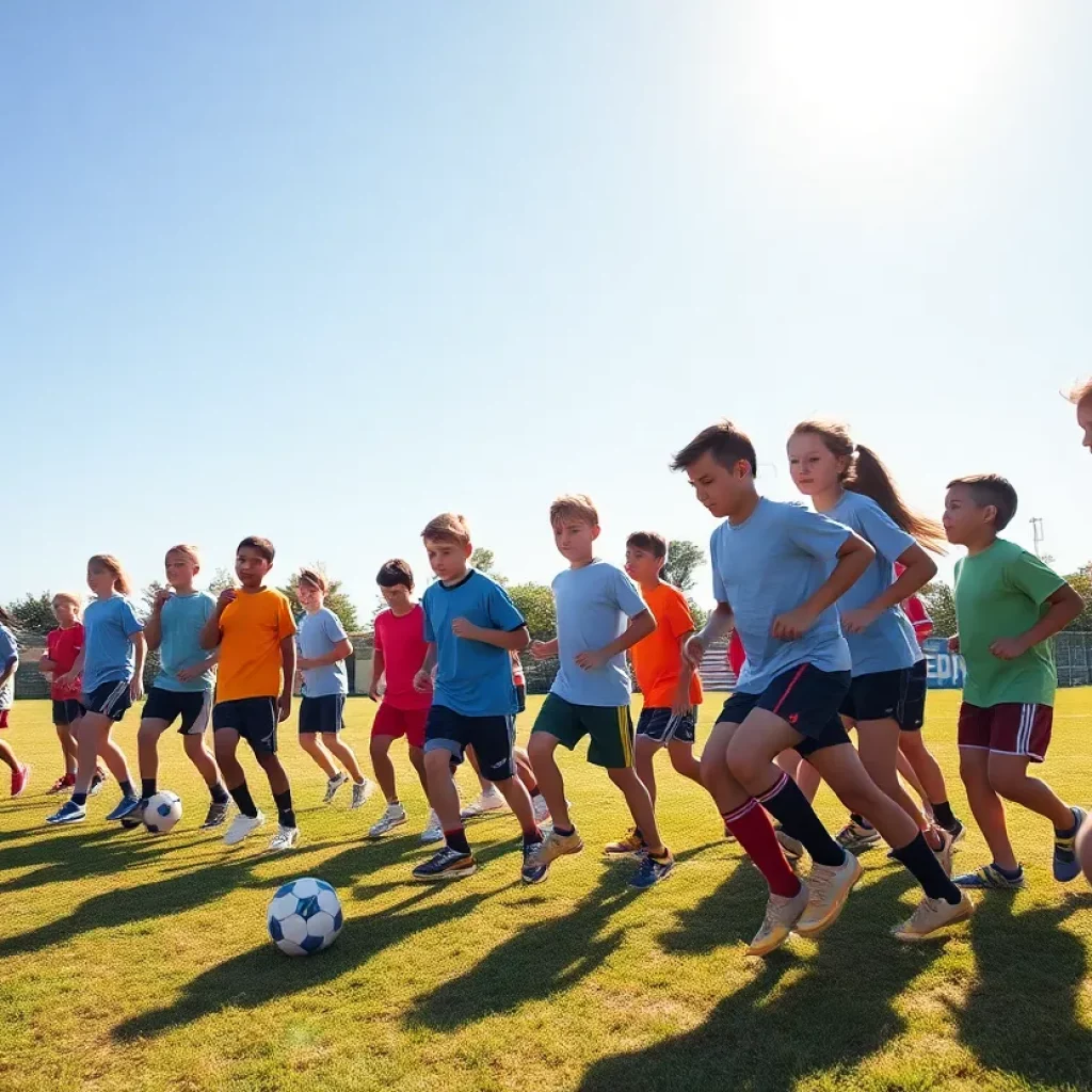 Young athletes engaged in football training at a camp