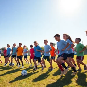 Young athletes engaged in football training at a camp