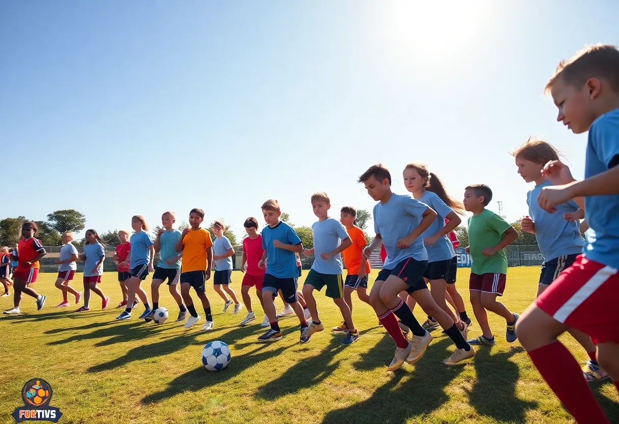 Young athletes engaged in football training at a camp