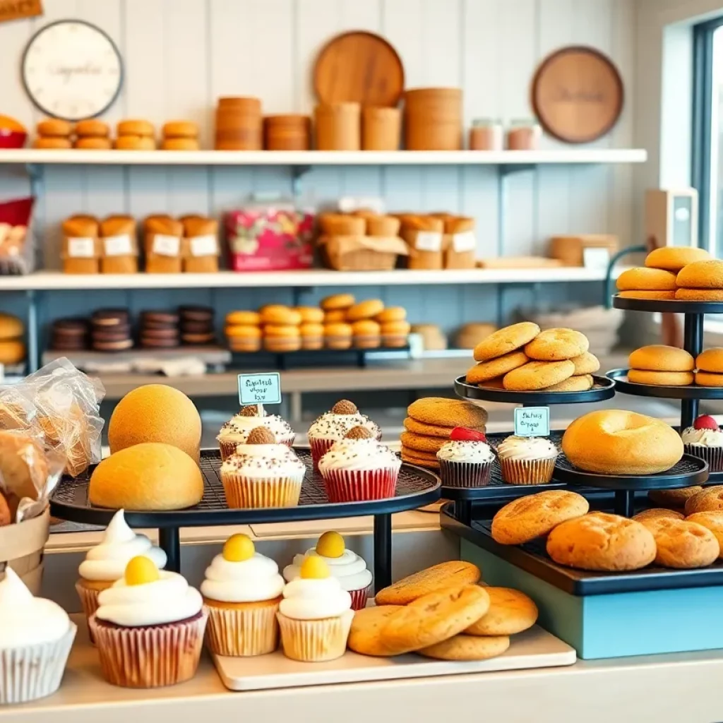Display of gluten-free bakery items including cakes and breads