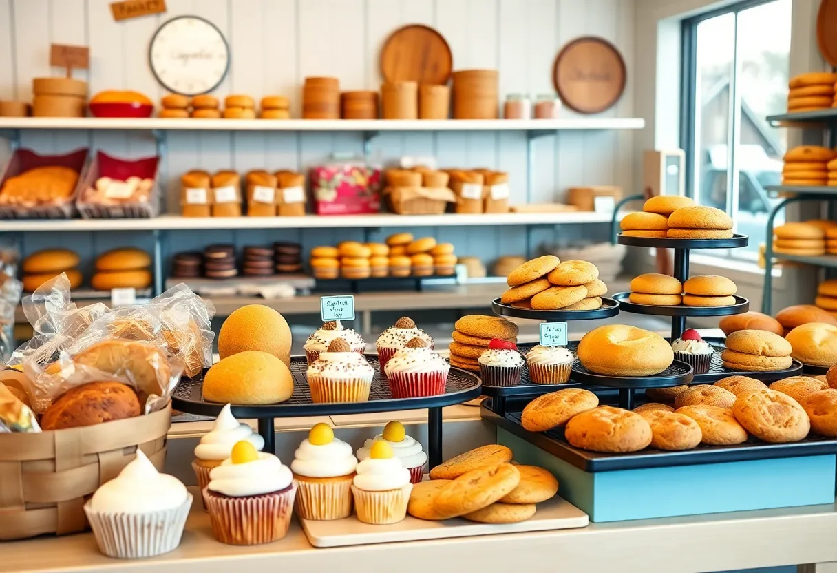 Display of gluten-free bakery items including cakes and breads