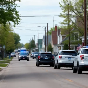 Quiet street in Green Isle, Minnesota with police presence