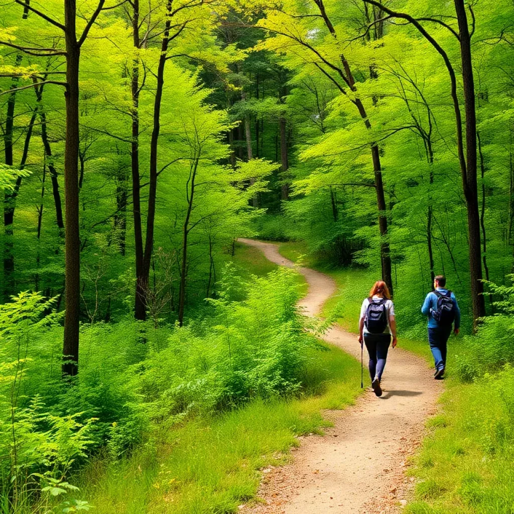 A picturesque hiking trail in Huntsville, Alabama during summer with hikers enjoying the scenery.