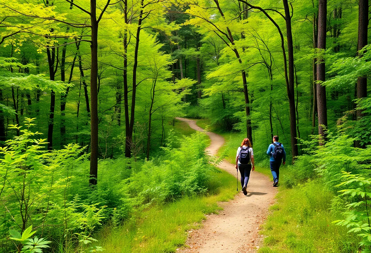 A picturesque hiking trail in Huntsville, Alabama during summer with hikers enjoying the scenery.
