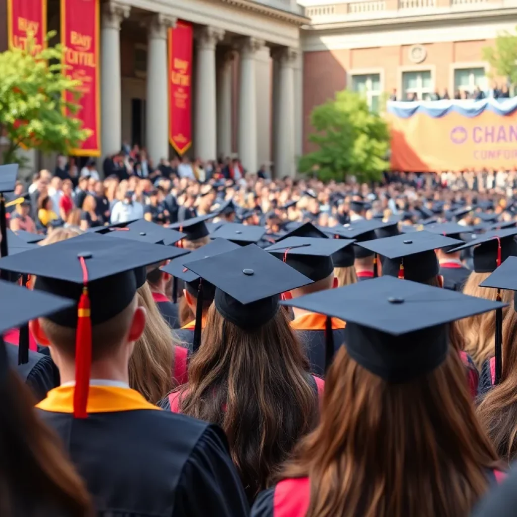 Graduates celebrating at Harvard University commencement ceremony.