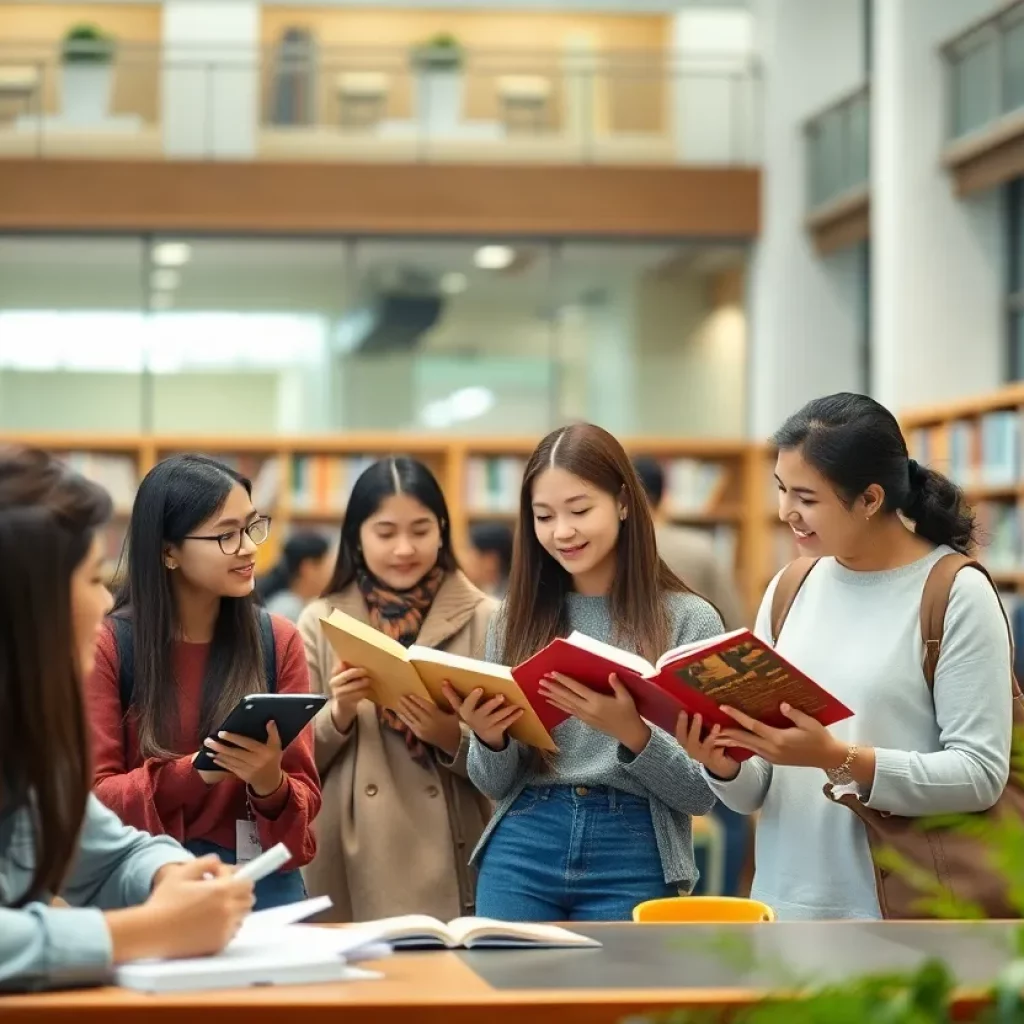 Group of diverse international students studying at a Harvard library