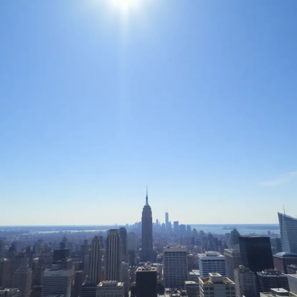 A city skyline under a scorching sun during a heat wave