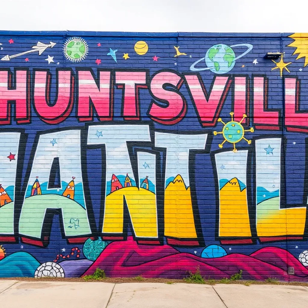 Colorful mural reflecting Huntsville's artistic culture and space heritage