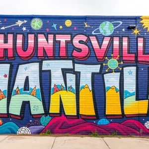 Colorful mural reflecting Huntsville's artistic culture and space heritage