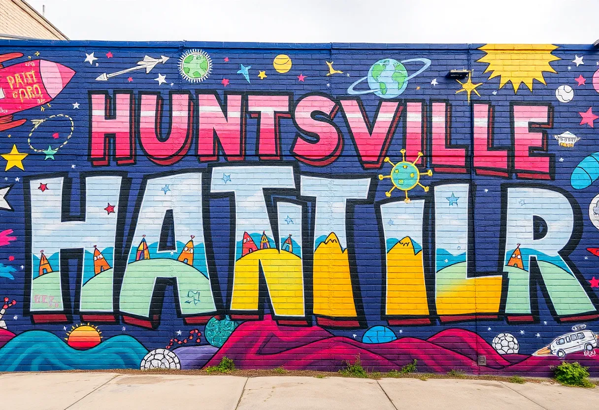 Colorful mural reflecting Huntsville's artistic culture and space heritage