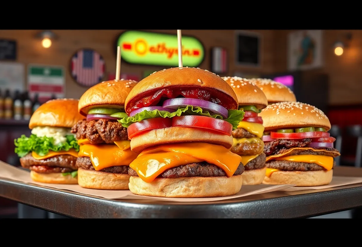 A selection of gourmet burgers from Huntsville restaurant scene.