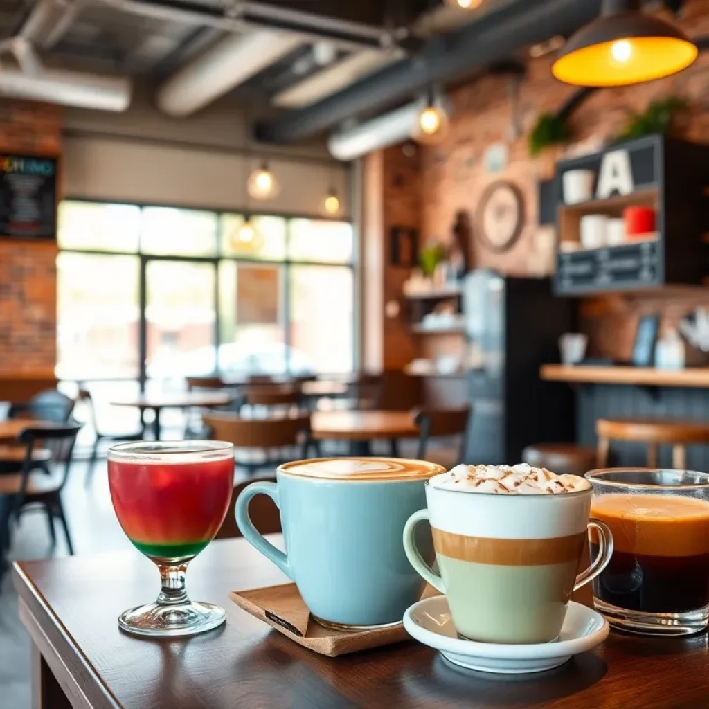 A collage of unique coffee shops and drinks in Huntsville, Alabama