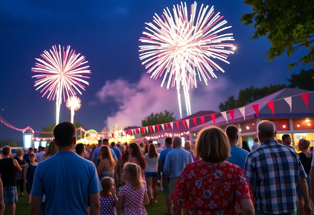 Families enjoying fireworks during Huntsville's Fourth of July celebration