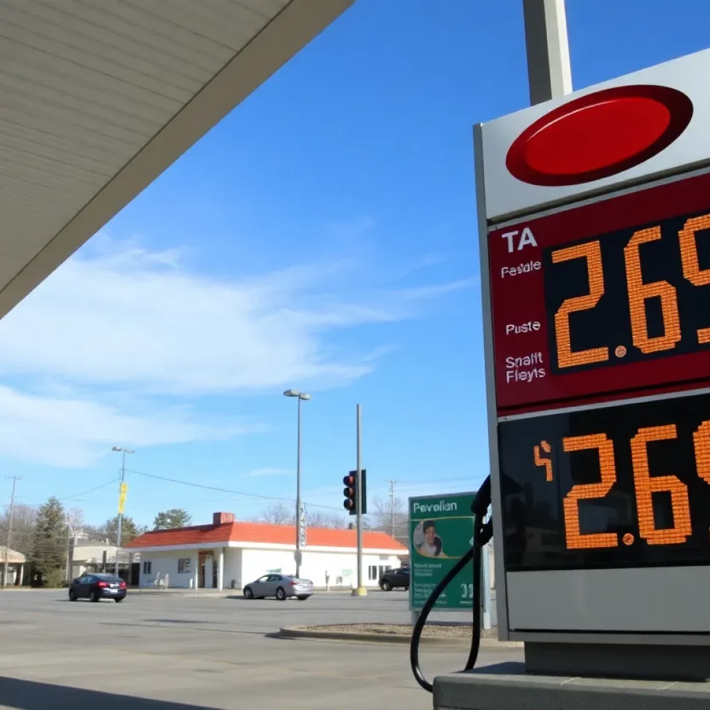 Gas station in Huntsville, AL displaying new lower gas prices
