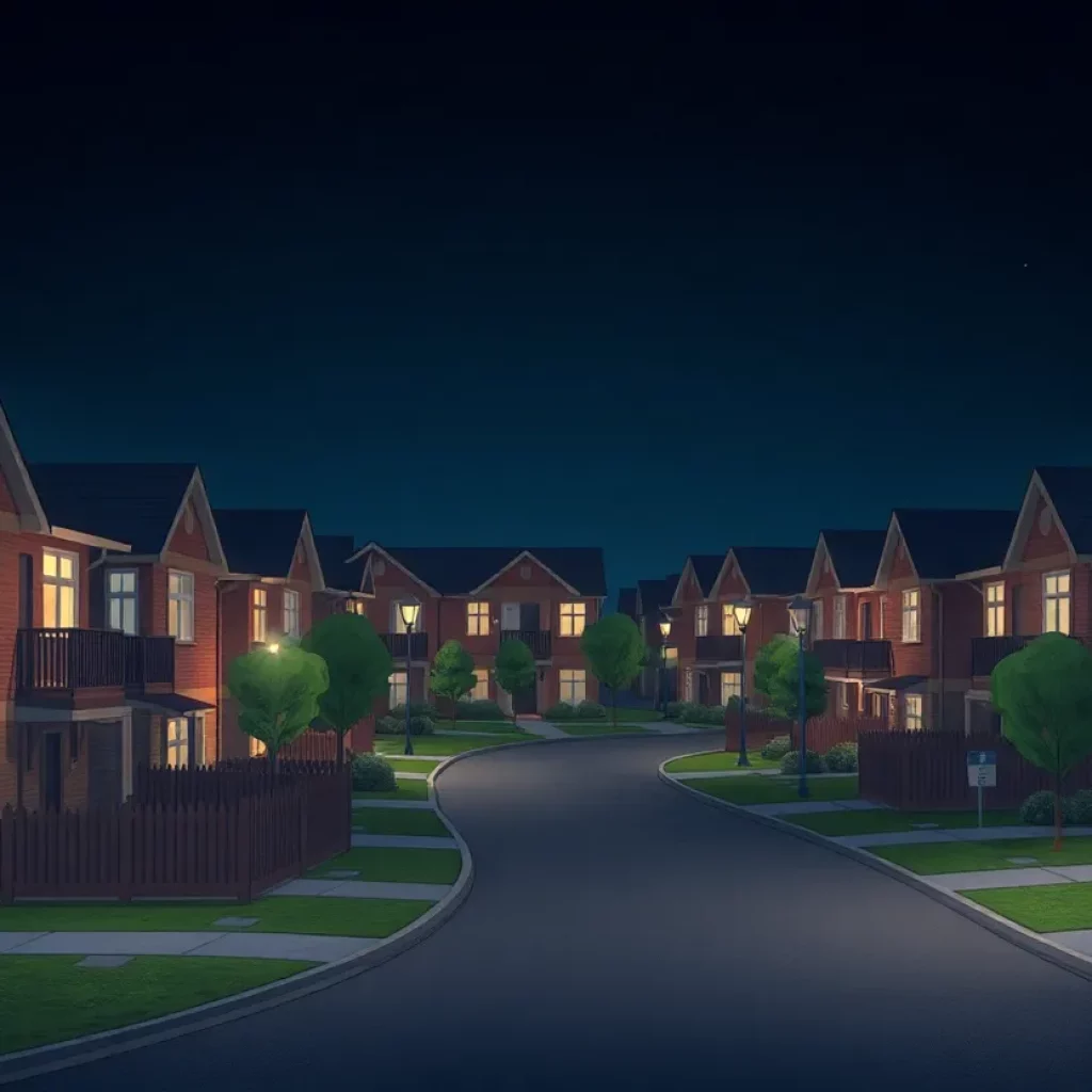 Nighttime view of a housing community under curfew with police presence.