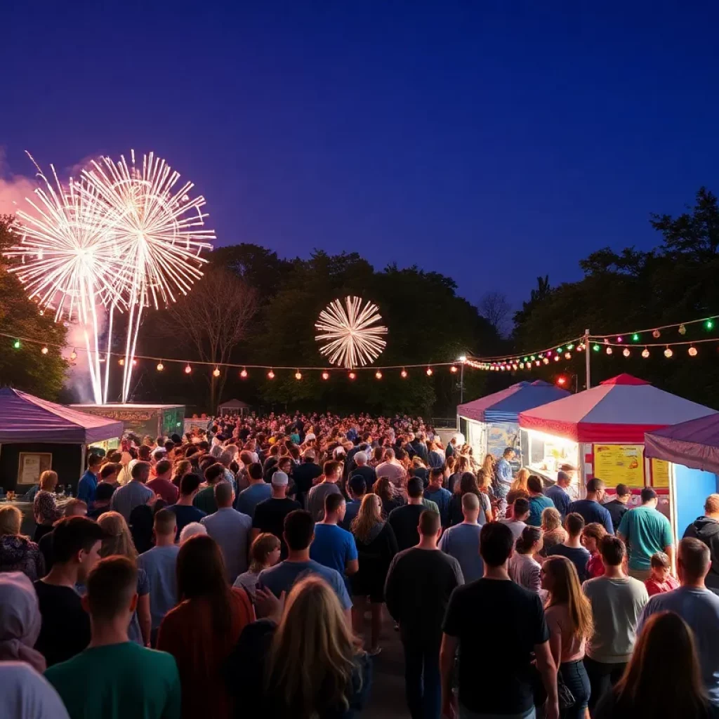 A lively community festival celebration in Huntsville with fireworks, music, and food trucks.