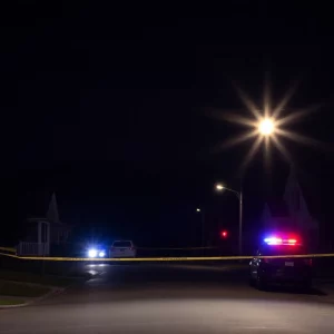 Police lights flashing in a residential area in Huntsville, Alabama.