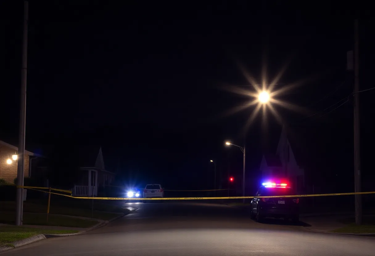 Police lights flashing in a residential area in Huntsville, Alabama.