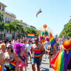 Participants celebrating at the Huntsville Pride Equality March with colorful banners and costumes.