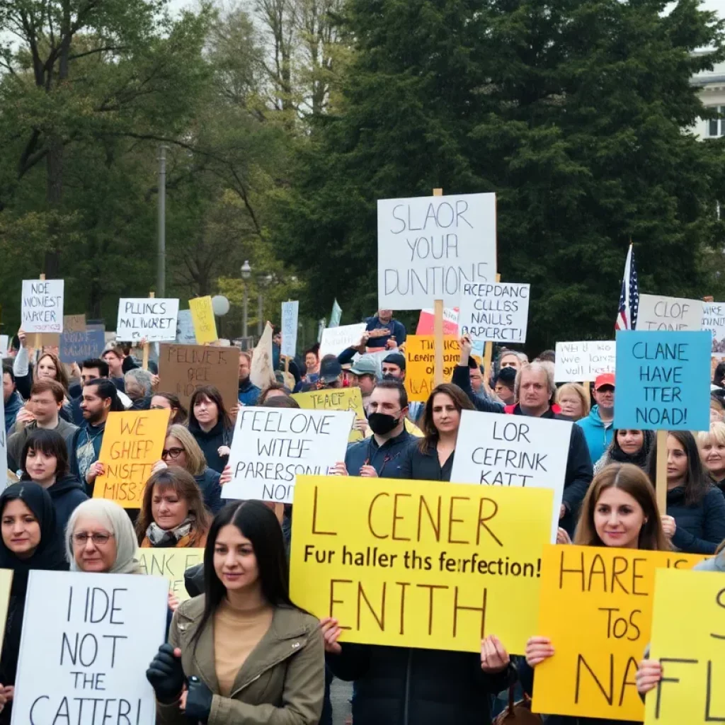 Protesters gathering in Huntsville holding signs