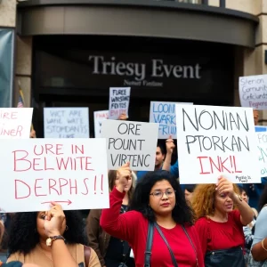 Protesters outside Huntsville event holding signs